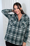 Kadın Kapüşonlu Ekose Desenli Metal Düğmeli Cepli Gömlek