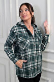 Kadın Kapüşonlu Ekose Desenli Metal Düğmeli Cepli Gömlek