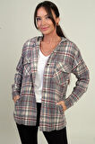 Kadın Kapüşonlu Ekose Desenli Metal Düğmeli Cepli Gömlek