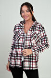 Kadın Kapüşonlu Ekose Desenli Metal Düğmeli Cepli Gömlek