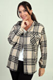 Kadın Kapüşonlu Ekose Desenli Metal Düğmeli Cepli Gömlek