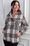 Kadın Kapüşonlu Ekose Desenli Metal Düğmeli Cepli Gömlek