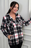 Kadın Kapüşonlu Ekose Desenli Metal Düğmeli Cepli Gömlek