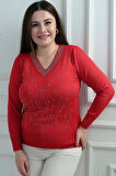 Kadın V Yaka Önü Taşlı Soğuk İplik Büyük Beden Triko Bluz