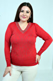 Kadın V Yaka Önü Taşlı Soğuk İplik Büyük Beden Triko Bluz