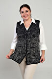 Kadın Önü Metal Düğmeli Celi Kazayağı Desenli Büyük Beden Kısa Triko Yelek