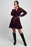 Kadın Kruvaze Yaka Astarlı Flok Baskılı Kısa Tül Elbise