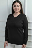 Kadın V Yaka Önü Sim Detaylı Büyük Beden Triko Bluz