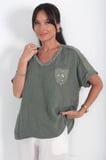 Kadın İtalyan Keten Zınmbalı V Yaka Tek Cepli Omuzlar Nakış İşlemeli Oversize Cotton Bluz