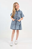 Kız Çocuk Çift Cepli/Düğme Kapamalı Jean Elbise 12199