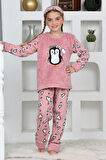 Kız Çocuk Peluş Kumaş-Göz Bantlı Penguenli Pijama Takımı 12281