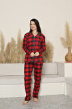 Kadın Pijama Takımı-Ekose Desenli - Pat Yakalı-Düğmeli 12283