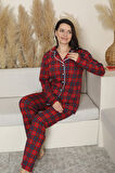 Kadın Pijama Takımı-Ekose Desenli - Pat Yakalı-Düğmeli 12284