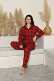 Kadın Pijama Takımı-Ekose Desenli - Pat Yakalı-Düğmeli 12285
