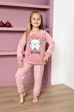 Kız Çocuk Welsoft Kumaş-Göz Bantlı Kedi ve Kalp Baskılı Pijama Takımı 12289
