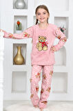 Kız Çocuk Welsoft Kumaş-Göz Bantlı Ayıcık Baskılı Pijama Takımı 12293
