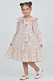 Kız Çocuk Fiyonk Yakalı Bel Kuşaklı Çiçek Desenli Kloş Etekli Elbise 12301