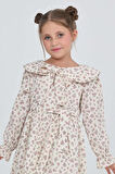 Kız Çocuk Fiyonk Yakalı Bel Kuşaklı Çiçek Desenli Kloş Etekli Elbise 12301