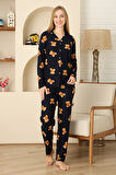 Kadın Pijama Takımı %100 Pamuk-Pat Yakalı ve Düğme Kapamalı 12309