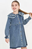 Kız Çocuk Çift Yaka Detaylı ve Boydan Düğmeli Jean Elbise 12341