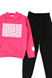 Kız Çocuk 2 İplik Küfe Yazı Görselli Kapüşonlu Alt-Üst Takım 12374