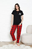 Kadın Pijama Takımı - Ekose Altlı- 3 Düğmeli-%100 Pamuklu 12387