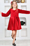 Kız Çocuk Kadife Elbise-İçi Tüllü ve Fiyonk Süslemeli 7-12 Yaş 12427