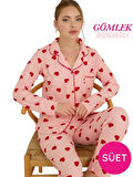 Kadın Gömlek Yaka Önden Düğmeli Saten Biyeli Göğüs Cepli İnce Süet Kışlık Uzun Kol Pijama Takımı