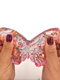 Kelebek Şeffaf Glitter Simli Moj Moj Taba Squishy Sıkma 10x8 cm Simli Sukuşi - Pembe