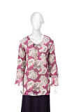 Oppland Kadın Klasik Şifon Anne Bluz Viskoz Kumaş Gül Desenli Kolyeli Uzun Kollu Astarlı Tam Kalıp
