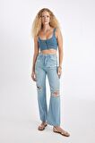 DeFacto Kalın Askılı Fermuarlı Crop Korse Jean Bluz C3335AX24HSNM39