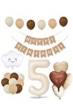 5 Yaş Retro Doğum Günü Seti; Krem Rakam Folyo, Banner, Kalp Folyo ve Lateks Balon