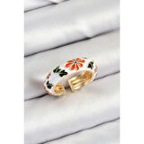 Pirinç Beyaz Mineli Çiçek Motifli Gold Renk Ayarlanabilir Kadın Yüzük