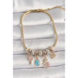 Pirinç Gold Renk Zincir Sallantı Zirkon Taşlı Ayıcık Figür Çiçek Detay Kadın Bileklik