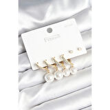 Gold Renk Zirkon Taşlı Pirinç İncili 925 Ayar Gümüş Çivili Küpe Seti