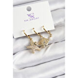 Pirinç Zİrkon Taşlı Deniz Yıldızı Ve İstiridye Model Gold Renk 3'lü Kadın Küpe