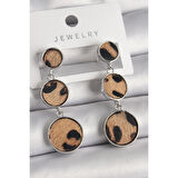 Pirinç Gümüş Renk 3'Lü Daire Plaka Leopar Desenli Kadın Küpe