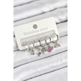 Pirinç Zirkon Taşlı Karpuz Yonca Kalp Pusula Karışık Model Gümüş Renk 6'lı Set Kadın Küpe