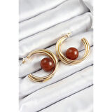 Pirinç Gold Renk Halka Model Kahverengi Boncuk Detay Kadın Küpe