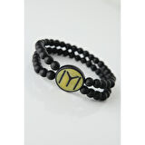 Sarı Renkli Metal Üzerine Siyah Kayı Boyu Figürlü Siyah Renk Çift Sıra Doğal Taş Erkek Bileklik