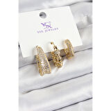 Pirinç Zİrkon Taşlı Halka Model Gold Renk 3'lü Kadın Küpe