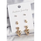 Pirinç Gold Renk Zirkon Taşlı Sallantılı Kalp Model 3 Çift Kadın Küpe Seti