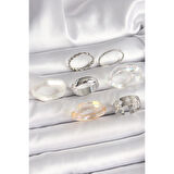 Pirinç Gümüş Renk Beyaz Akrilik Plastik Model Kutup Yıldız İşleme Detaylı Kadın Yüzük Kombini