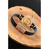 Gold Renk Sonsuzluklu Metal Aksesuarlı Siyah Renk Deri Erkek Bileklik