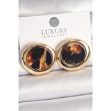 Pirinç Gold Renk Leopar Desen Daire Model Kadın Küpe