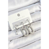 Pirinç Zirkon Taşlı Dikdörtgen Model Gümüş Renk 3'lü Çift Kadın Küpe Set