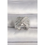 Pirinç Gümüş Renk Ayarlanabilir Zirkon Taşlı X Model Kadın Yüzük