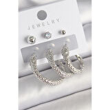 Pirinç Gold Renk Zirkon Taş Detaylı Halka Yılan Model Kadın Küpe Seti