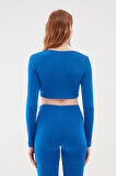 Dekolte Detaylı Crop Bluz Mavi