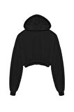 Kapüşonlu Crop Sweatshirt Siyah